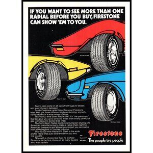 1974 Firestone Tires Vintage Print Ad Front Fender Cartoon Drawing Wall Art